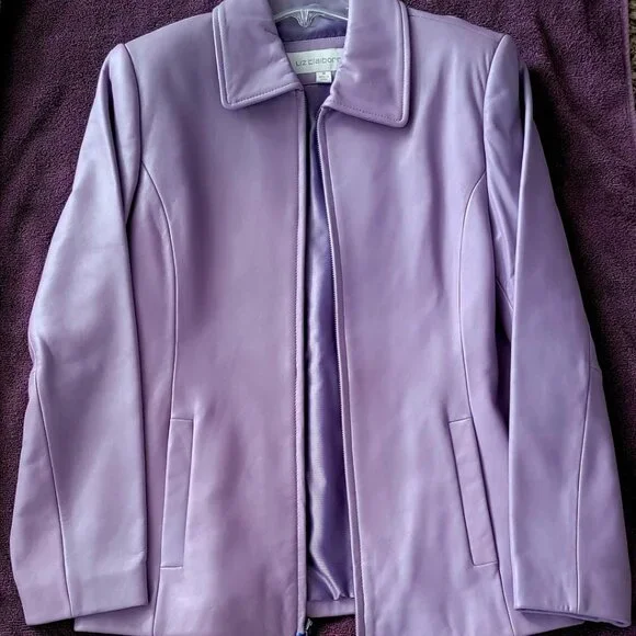 NEVER WORN - VINTAGE LIZ CLAIBORNE LAVENDER LEATHER JACKET - SIZE MEDIUM - Picture 1 of 11